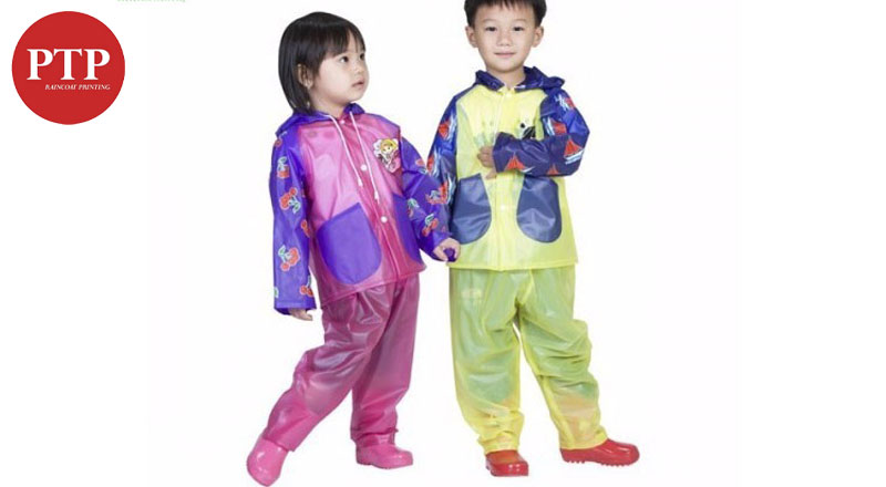 Áo mưa bộ trẻ em phối màu, họa tiết đơn giản