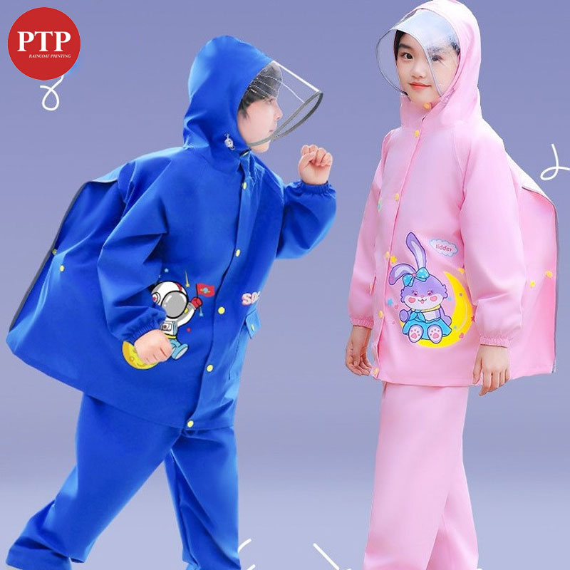 Áo mưa bộ trẻ em có phần mở rộng che balo
